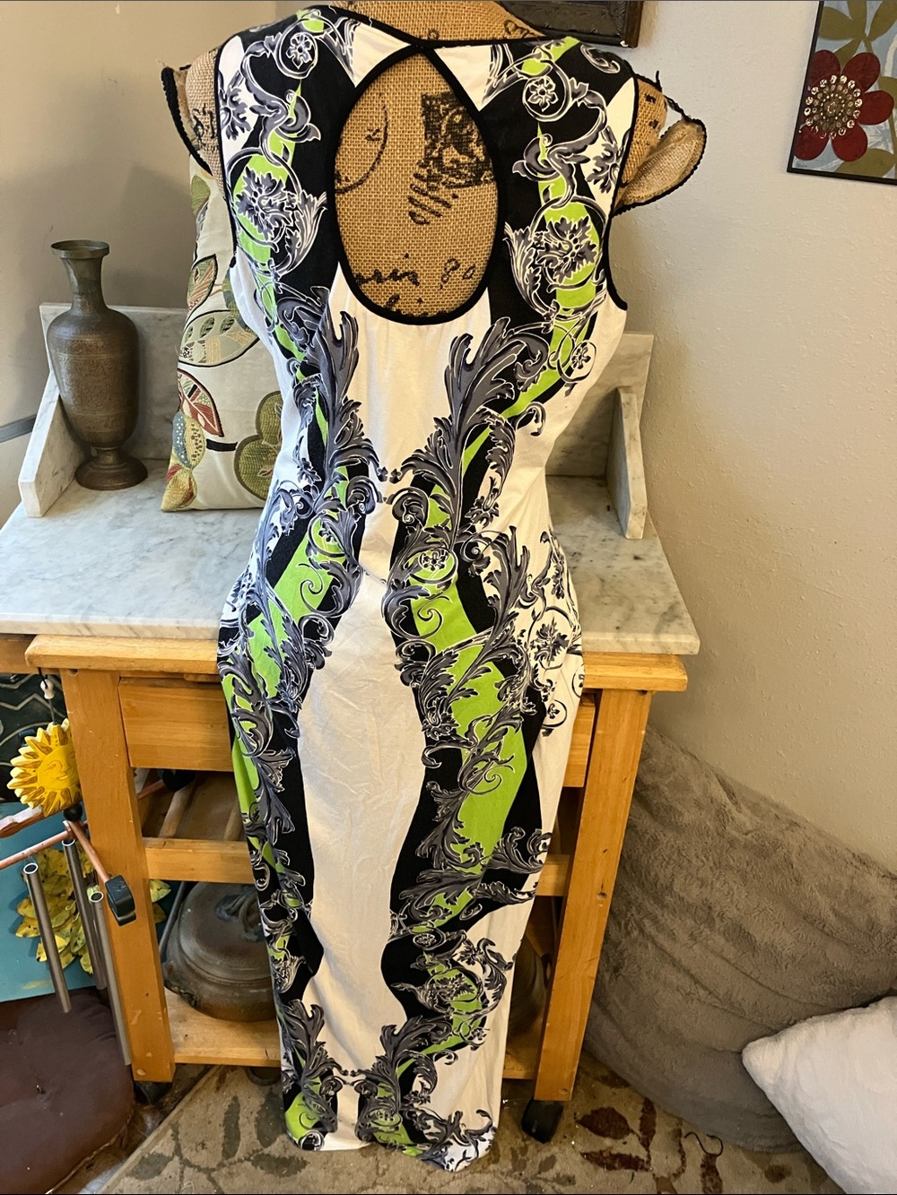 Hale Bob White, Lime & Black Printed Sleeveless Maxi Dress Gorgeous L! - Picture 3 of 11